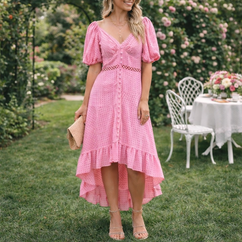 Pink Eyelet High-Low Midi Dress with Puff Sleeves